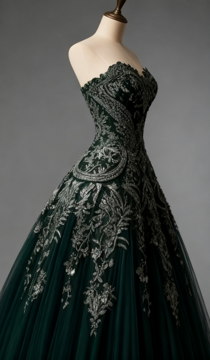 Palace-Style Sweetheart A-Line Long Prom Dresses Tulle Forest Green Sweet 16 Dresses ED04996