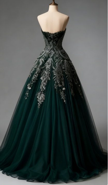 Palace-Style Sweetheart A-Line Long Prom Dresses Tulle Forest Green Sweet 16 Dresses ED04996