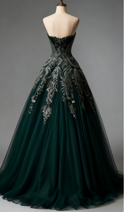 Palace-Style Sweetheart A-Line Long Prom Dresses Tulle Forest Green Sweet 16 Dresses ED04996