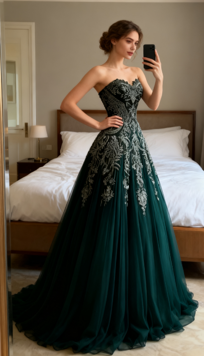 Palace-Style Sweetheart A-Line Long Prom Dresses Tulle Forest Green Sweet 16 Dresses ED04996