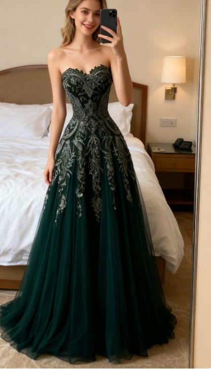 Palace-Style Sweetheart A-Line Long Prom Dresses Tulle Forest Green Sweet 16 Dresses ED04996