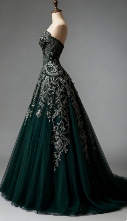Palace-Style Sweetheart A-Line Long Prom Dresses Tulle Forest Green Sweet 16 Dresses ED04996