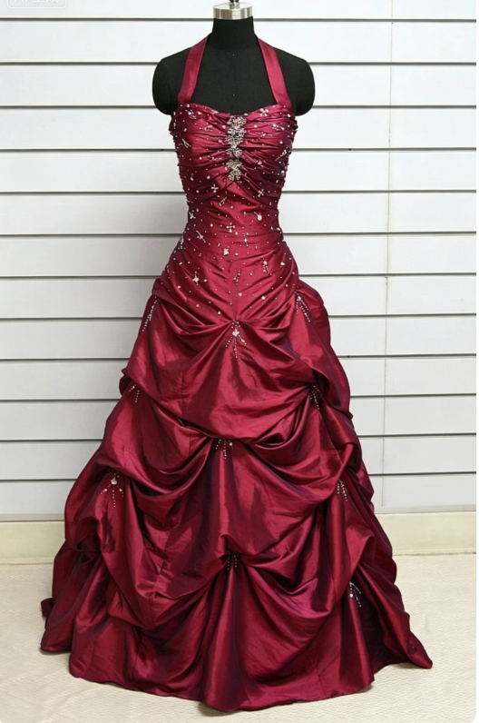 Vintage Halter Neck Ball Gown Taffeta Purple Long Prom Dress ED05002
