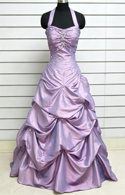 Vintage Halter Neck Ball Gown Taffeta Purple Long Prom Dress ED05002