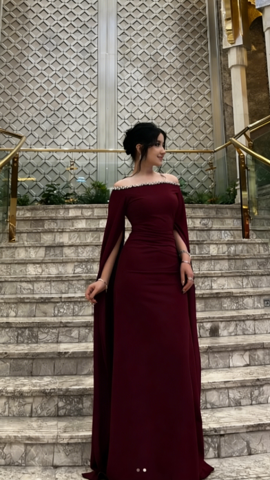 Off-shoulder Burgundy Long Evening Dress