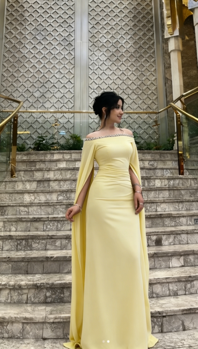 Off-shoulder Yellow Long Evening Dress