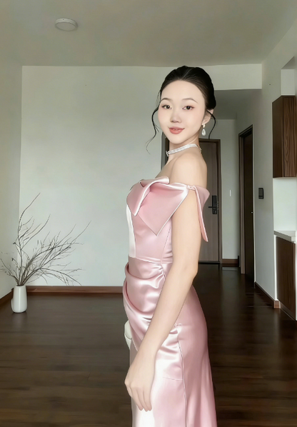 Elegant Off-the-shoulder Sheath Pink Long Prom Dresses Satin Pink Wedding Guest Dresses ED05091