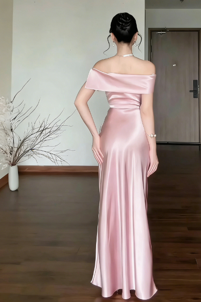 Elegant Off-the-shoulder Sheath Pink Long Prom Dresses Satin Pink Wedding Guest Dresses ED05091