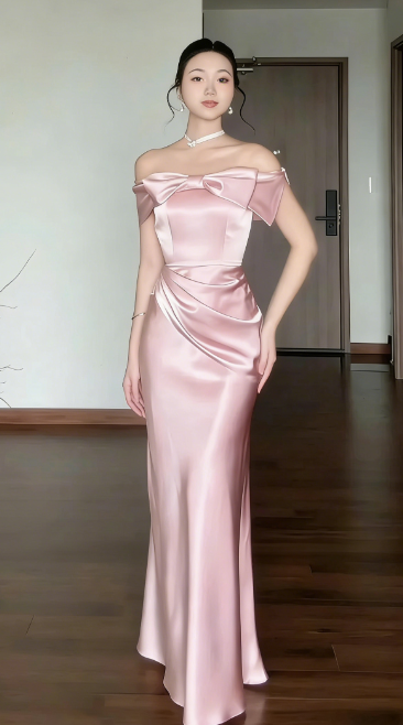 Elegant Off-the-shoulder Sheath Pink Long Prom Dresses Satin Pink Wedding Guest Dresses ED05091