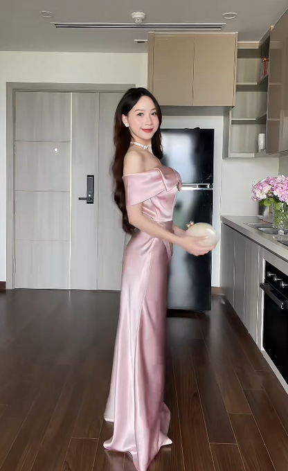 Elegant Off-the-shoulder Sheath Pink Long Prom Dresses Satin Pink Wedding Guest Dresses ED05091