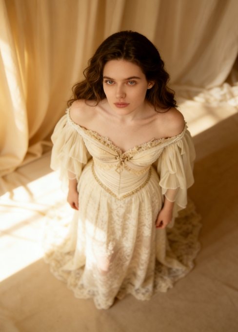 Elegant Off-shoulder A-Line Beige Long Wedding Dresses Chiffon Lace Beige Bridal Dresses ED05137