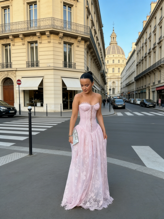 Elegant Sweetheart A-Line Long Prom Dress Lace Pink Evening Dresses ED05241