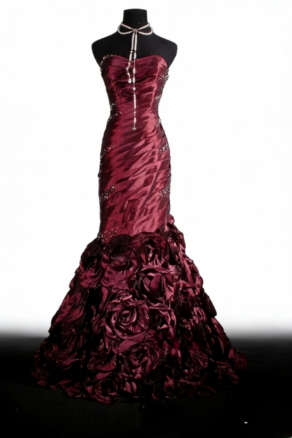 Fairy Mermaid Grape Long Prom Dresses Strapless Satin Beaded Grape Birthday Dresses Sleeveless Formal Dresses ED05319