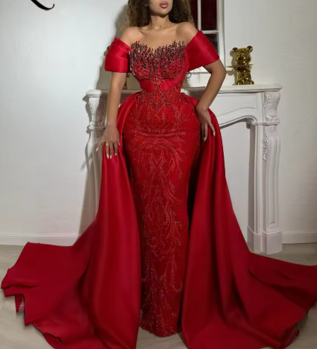 Sexy Off-shoulder Bodycon Long Prom Dresses，Beaded Tulle Burgundy Evening Dresses ED05326