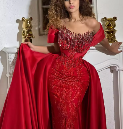 Sexy Off-shoulder Bodycon Long Prom Dresses，Beaded Tulle Burgundy Evening Dresses ED05326