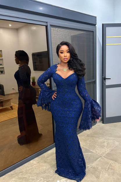 Sexy Sweetheart Sheath Long Prom Dresses, Lace Appliques Navy Blue Evening Dresses ED05330