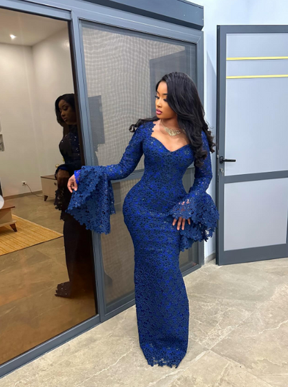 Sexy Sweetheart Sheath Long Prom Dresses, Lace Appliques Navy Blue Evening Dresses ED05330