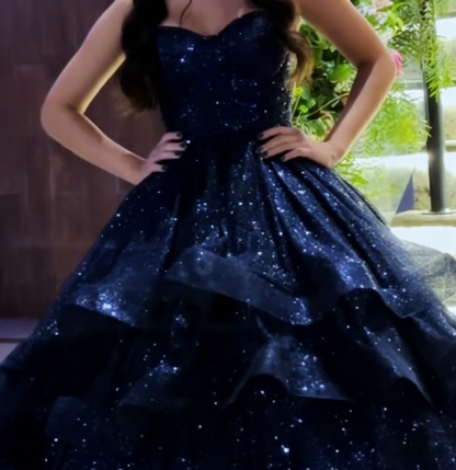Glitter Sweetheart A-Line Long Prom Dresses,Tulle Navy Blue Birthday Dresses ED05332