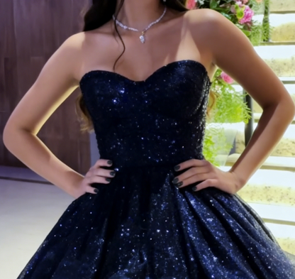 Glitter Sweetheart A-Line Long Prom Dresses,Tulle Navy Blue Birthday Dresses ED05332