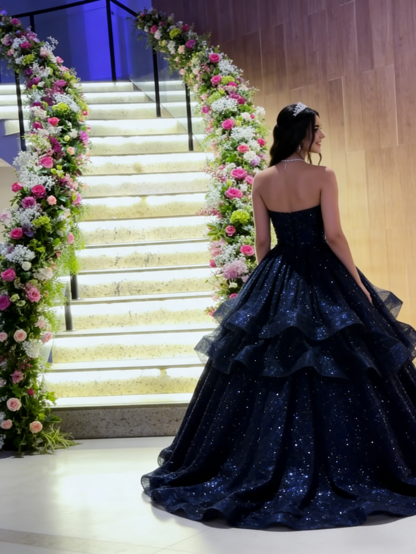 Glitter Sweetheart A-Line Long Prom Dresses,Tulle Navy Blue Birthday Dresses ED05332