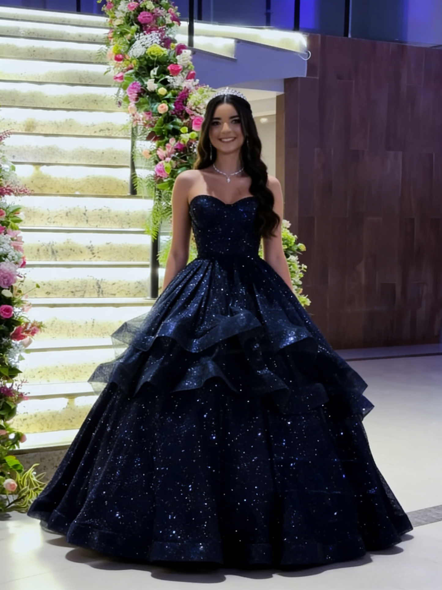 Glitter Sweetheart A-Line Long Prom Dresses,Tulle Navy Blue Birthday Dresses ED05332