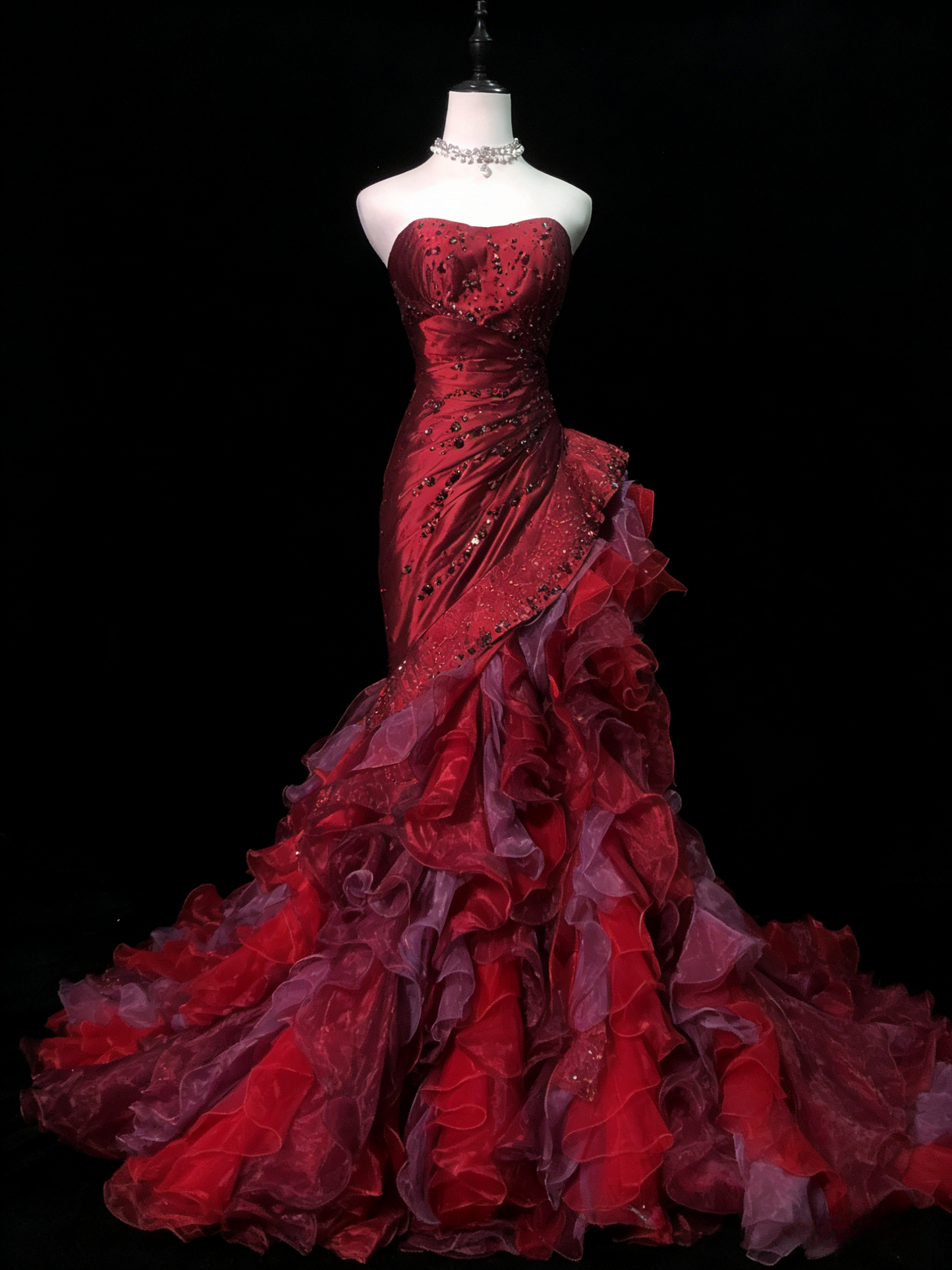 Gorgeous Mermaid Long Prom Dress, Strapless Burgundy Birthday Dress, Satin Tulle Sweet 16 Dress ED05387