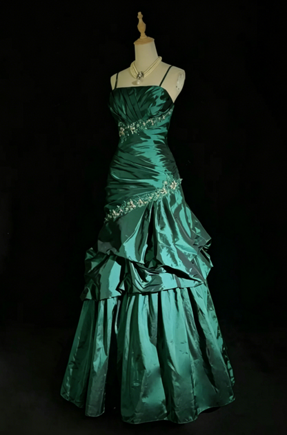Fairy A-Line Teal Long Prom Dress, Spaghetti Straps Satin Beaded Formal  Dresses Teal Evening Dresses  ED05408