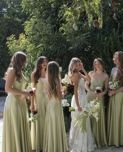 Chic Sheath Spagheti Straps Long Evening Dresses Satin Olive Green Bridesmaid Dresses ED05526