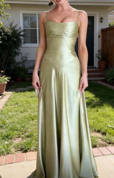 Chic Sheath Spagheti Straps Long Evening Dresses Satin Olive Green Bridesmaid Dresses ED05526