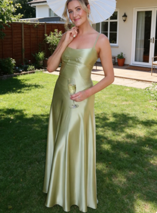 Chic Sheath Spagheti Straps Long Evening Dresses Satin Olive Green Bridesmaid Dresses ED05526
