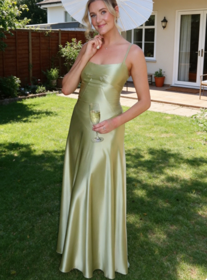 Chic Sheath Spagheti Straps Long Evening Dresses Satin Olive Green Bridesmaid Dresses ED05526