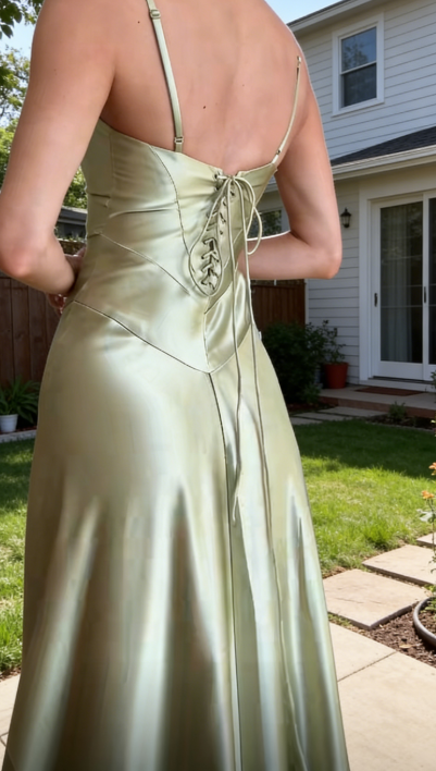 Chic Sheath Spagheti Straps Long Evening Dresses Satin Olive Green Bridesmaid Dresses ED05526