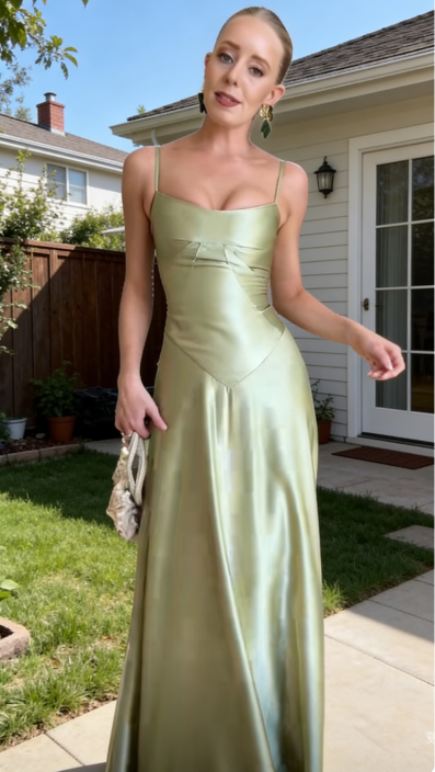 Chic Sheath Spagheti Straps Long Evening Dresses Satin Olive Green Bridesmaid Dresses ED05526