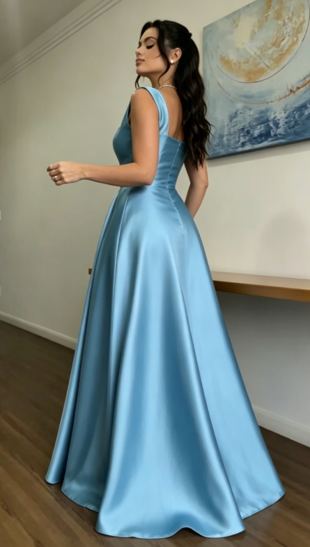 Glam Straps A-line Wedding Guest Dress Satin Blue Long Evening Dresses Sleeveless Blue Formal Dresses   ED05639