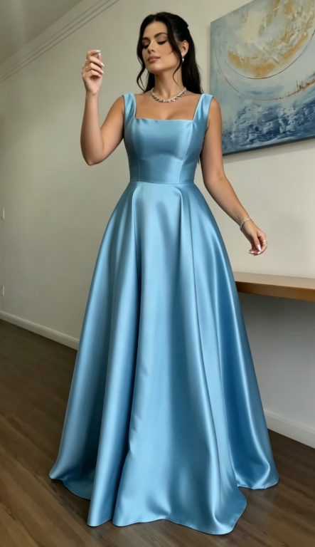 Glam Straps A-line Wedding Guest Dress Satin Blue Long Evening Dresses Sleeveless Blue Formal Dresses   ED05639