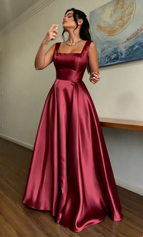 Glam Straps A-line Wedding Guest Dress Satin Blue Long Evening Dresses Sleeveless Blue Formal Dresses   ED05639