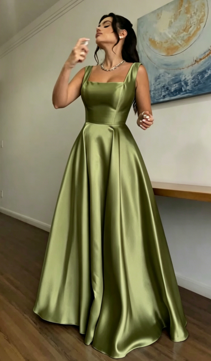 Glam Straps A-line Wedding Guest Dress Satin Blue Long Evening Dresses Sleeveless Blue Formal Dresses   ED05639