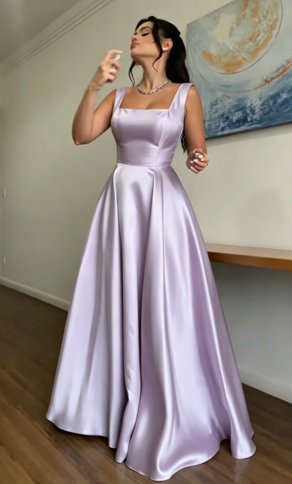 Glam Straps A-line Wedding Guest Dress Satin Blue Long Evening Dresses Sleeveless Blue Formal Dresses   ED05639