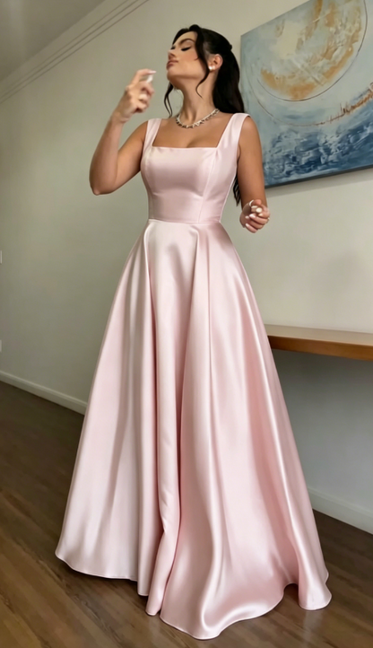 Glam Straps A-line Wedding Guest Dress Satin Blue Long Evening Dresses Sleeveless Blue Formal Dresses   ED05639