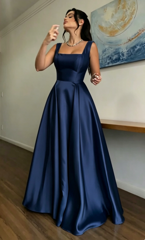 Glam Straps A-line Wedding Guest Dress Satin Blue Long Evening Dresses Sleeveless Blue Formal Dresses   ED05639