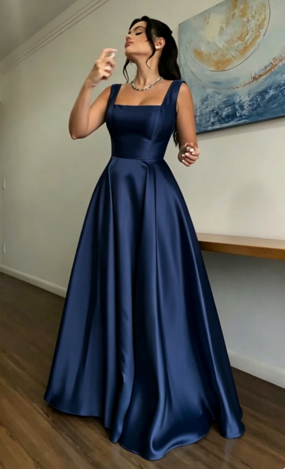 Glam Straps A-line Wedding Guest Dress Satin Blue Long Evening Dresses Sleeveless Blue Formal Dresses   ED05639