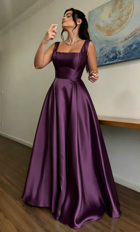 Glam Straps A-line Wedding Guest Dress Satin Blue Long Evening Dresses Sleeveless Blue Formal Dresses   ED05639
