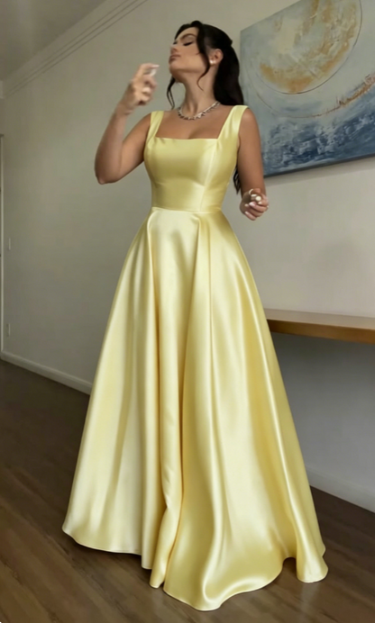 Glam Straps A-line Wedding Guest Dress Satin Blue Long Evening Dresses Sleeveless Blue Formal Dresses   ED05639