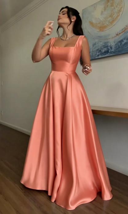 Glam Straps A-line Wedding Guest Dress Satin Blue Long Evening Dresses Sleeveless Blue Formal Dresses   ED05639