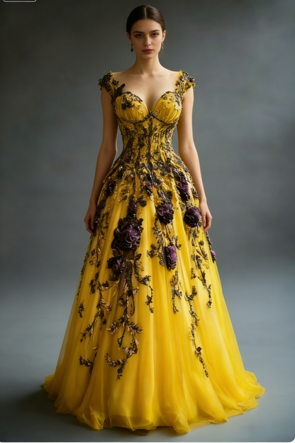 Gorgeous A-Line Long Prom Dresses Tulle Appliques Yellow Quinceanera Dresses   ED05649
