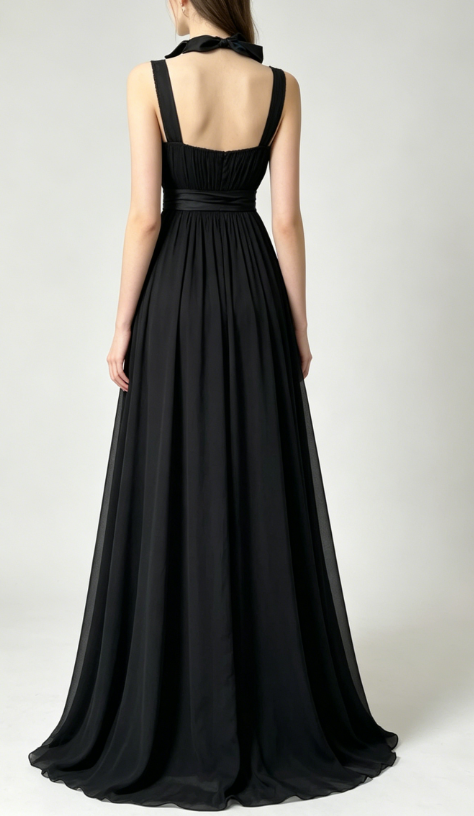 Chic Sheath Long Prom Dresses Chiffon Black Evening Gowns Straps Sleeveless Birthday Dresses ED05774