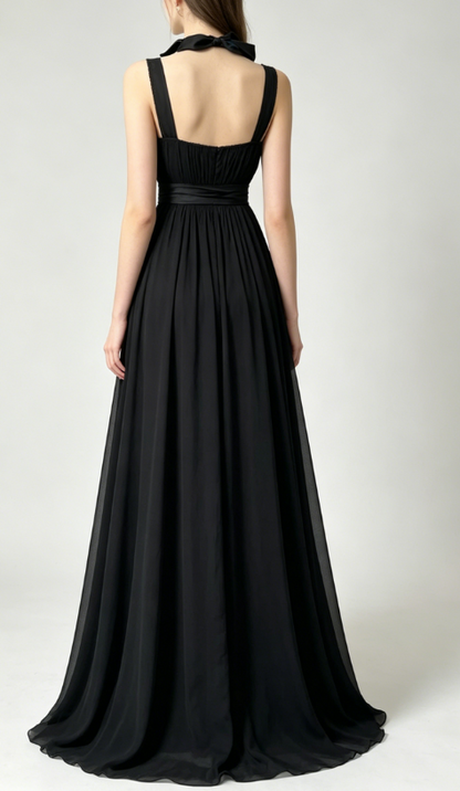 Chic Sheath Long Prom Dresses Chiffon Black Evening Gowns Straps Sleeveless Birthday Dresses ED05774