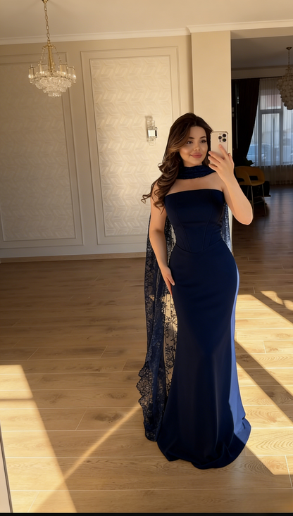 Chic Blue Bridsmaid Dresses Chiffon Sheath Long Prom Dresses Strapless Evening Gowns ED05802