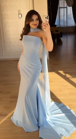 Chic Blue Bridsmaid Dresses Chiffon Sheath Long Prom Dresses Strapless Evening Gowns ED05802