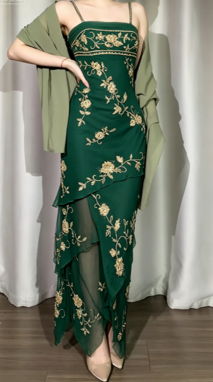 Retro Gray Green A-Line Long Prom Dresses Beaded Chiffon Spaghetti Straps Evening Gowns Sleeveless Formal  Dresses ED05806